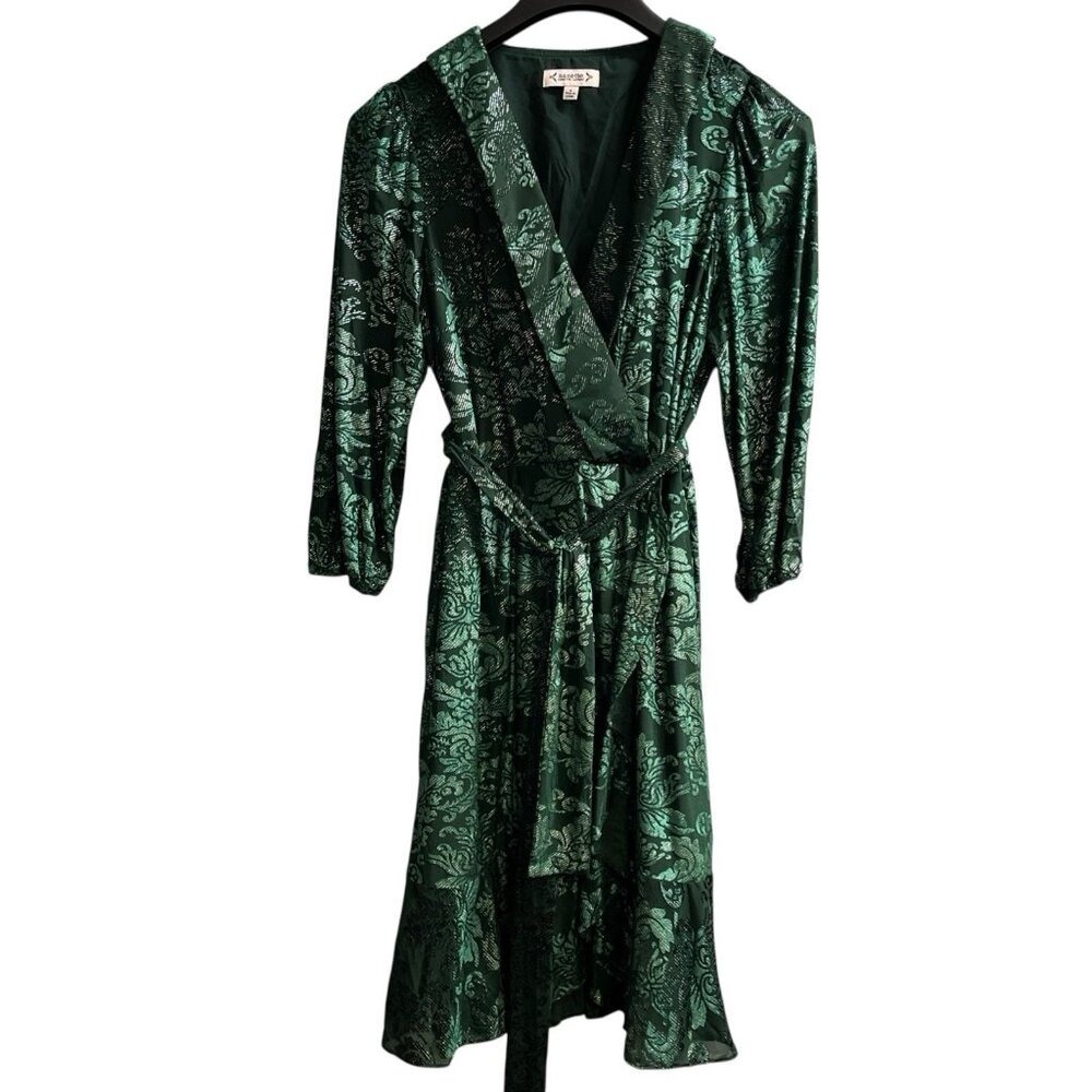 Nanette Lepore DressGreen Floral Burnout Velvet Faux Wrap Midi Size 8 Event